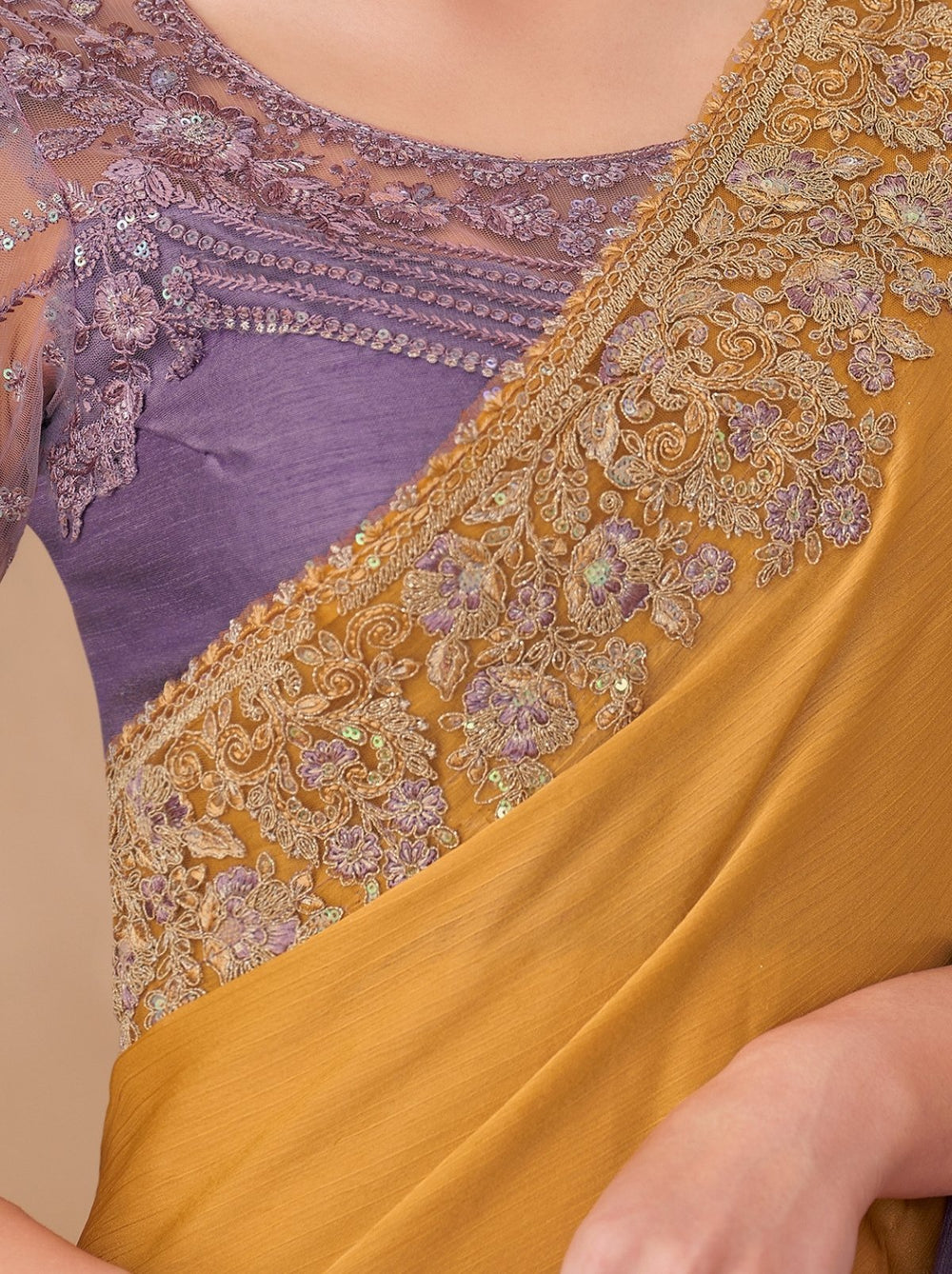 Gold & Orange Pure Georgette Chiffon With Embroidery Sequins Saree