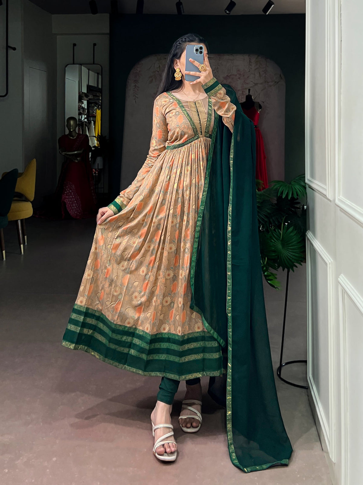 Green Pure Tasar Silk Floral Print & Elegant Foil Work Anarkali Suit