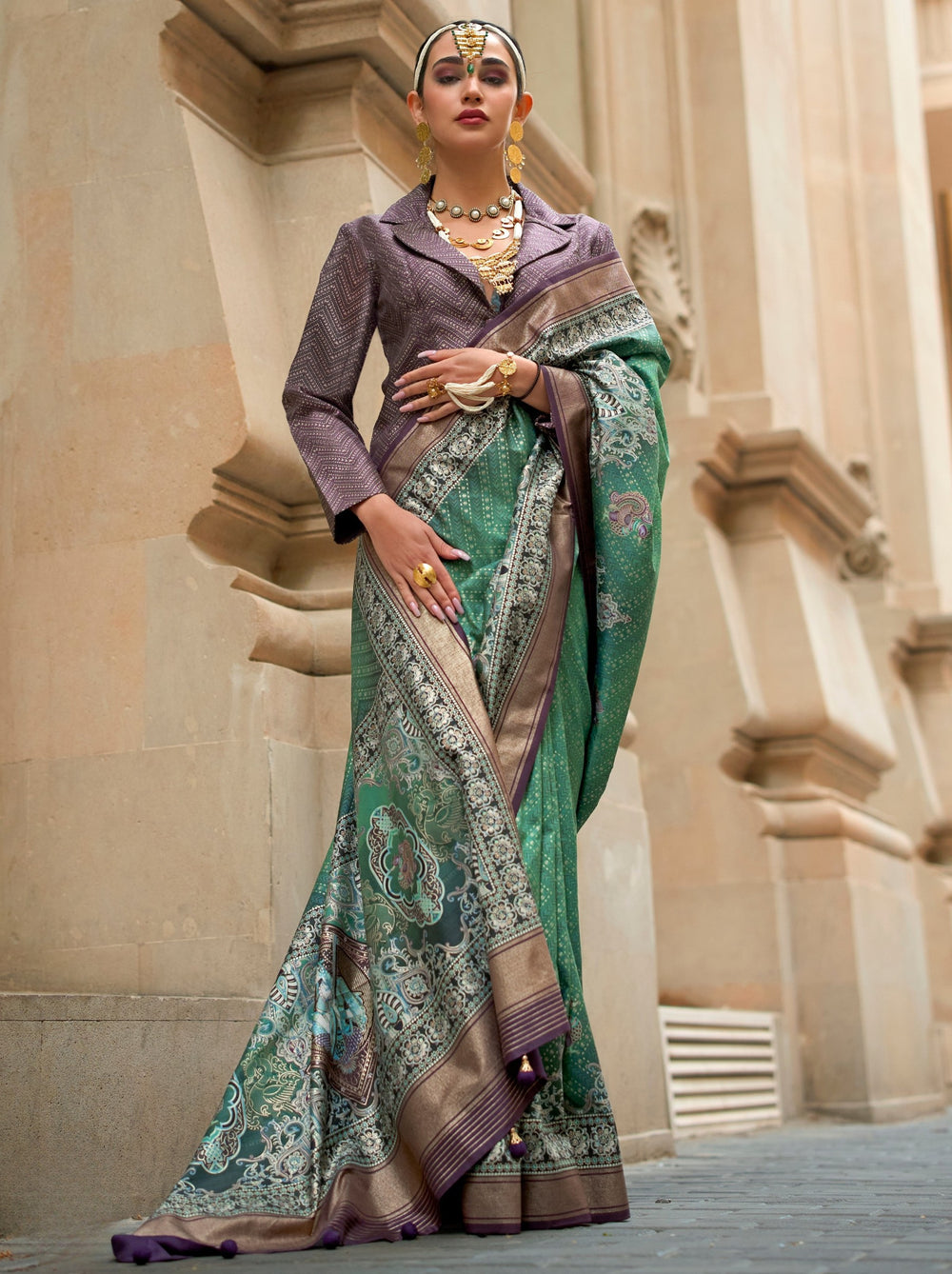 Green Pure Viscose Silk Blend Foil Print Saree