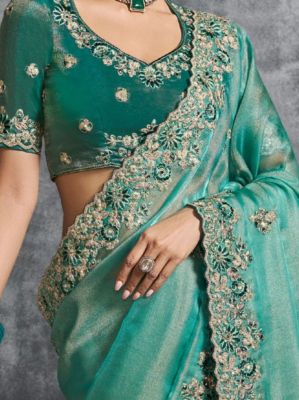 Green Premium Zari Tissue Silk Bridal Saree
