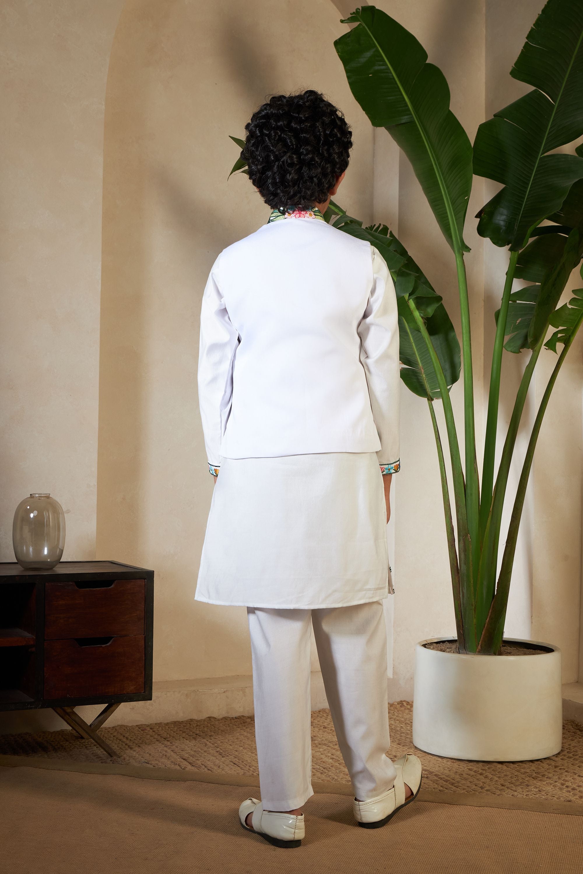 White Pure Viscose Silk Silk Kids Boy Kurta Pajama With Koti Jacket