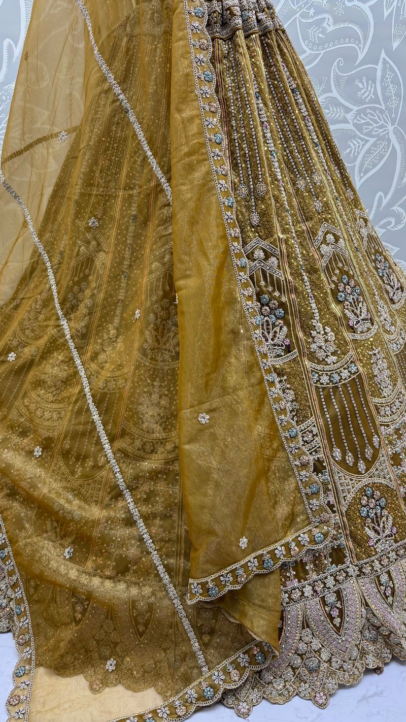 Mustard Pure Soft Heavy Net Fancy Embroidery Work Bridal Lehenga Choli