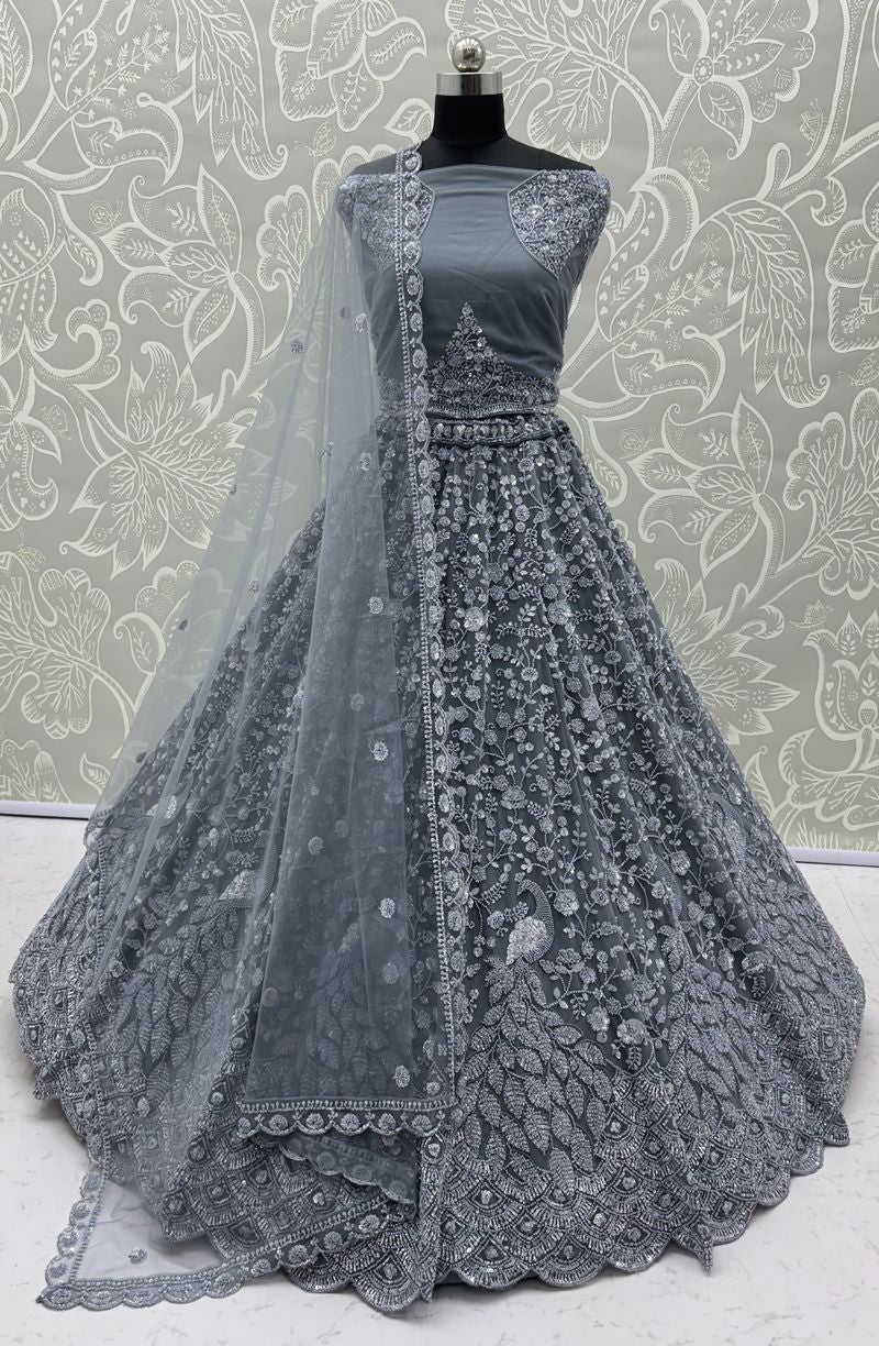 Grey Pure Heavy Net Monochrome Sequins Zari Embroidery Work Net Bridal Lehenga Choli