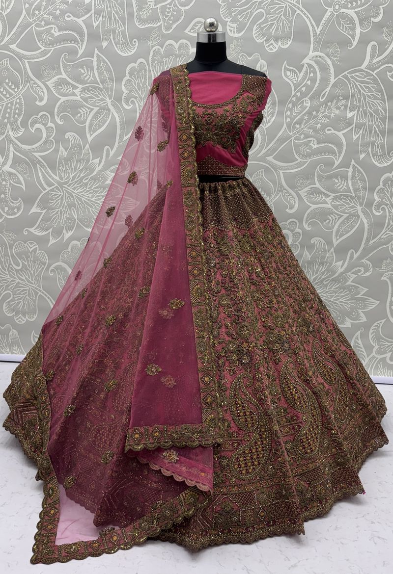 Pink Pure Soft Heavy Net Sequins Embroidery Work Bridal Lehenga