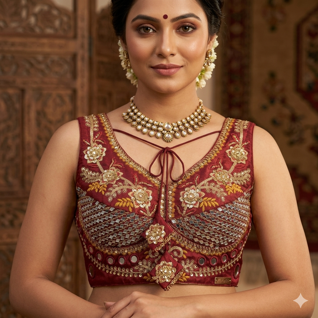 Maroon Pure Heavy Real Mirror Thread & Kaudi Wok Bridal Blouse