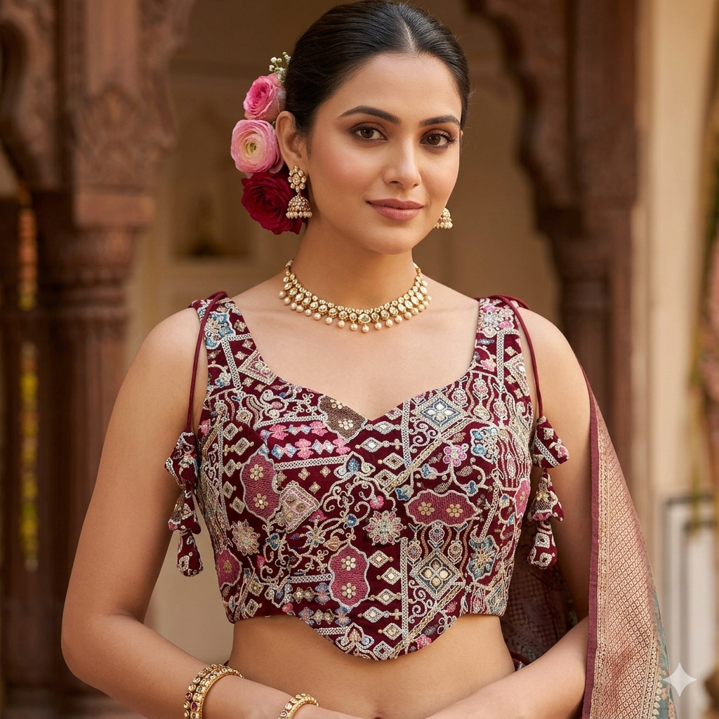 Maroon Pure Fox Georgette Antique Codding Sequins Wok Blouse