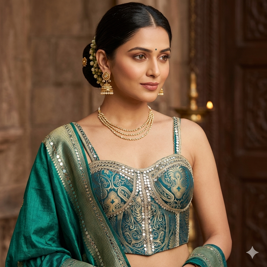 Morepeach Pure Heavy Banarasi With Real Mirror Work Bridal Blouse