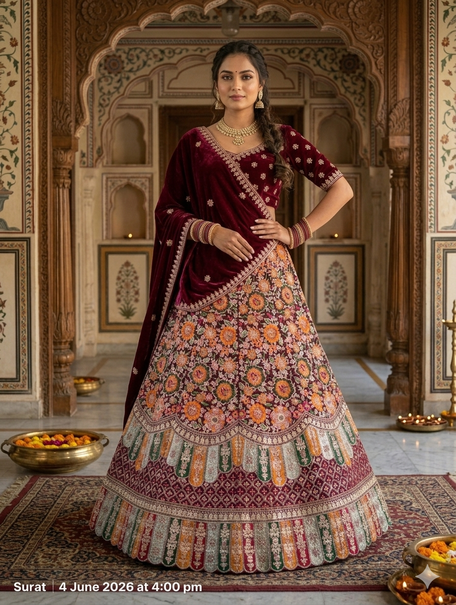 Maroon Pure Soft Velvet Heavy Embroidery Patch Work Bridal Lehenga Choli