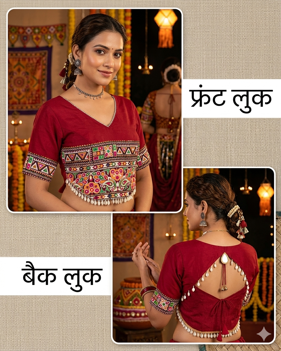 Red Pure Roman Silk Kutchi Gamthi Embroidered Work Navratri Blouse