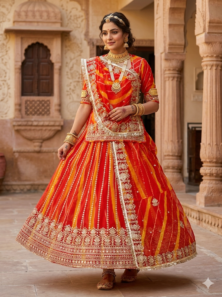 Orange Pure Semi Georgette Lahariya Print Gotta Patti Rajasthani Rajputi Lehenga Choli