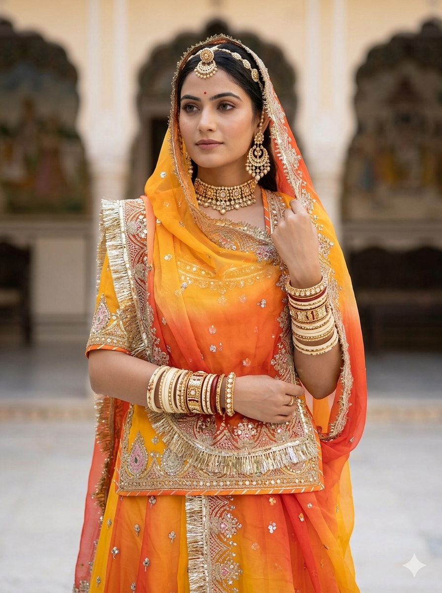 Yellow Pure Georgette Lahariya Print 16 Kali Flair With Gotta Patti Rajasthani Rajputi Lehenga Choli