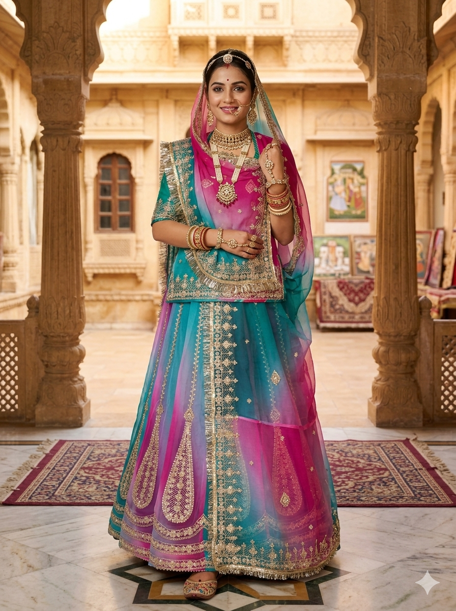 Turquoise Pink Pure Semi Georgette Lahariya Print Gotta Patti Rajasthani Rajputi Lehenga Choli