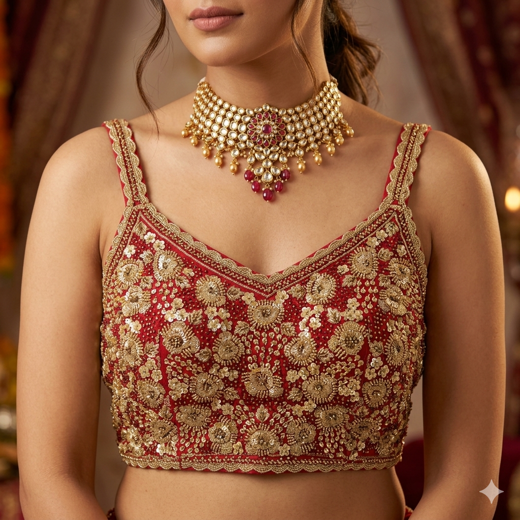 Red Pure Soft Heavy Beads & Sequence Jari Work Navratri Blouse