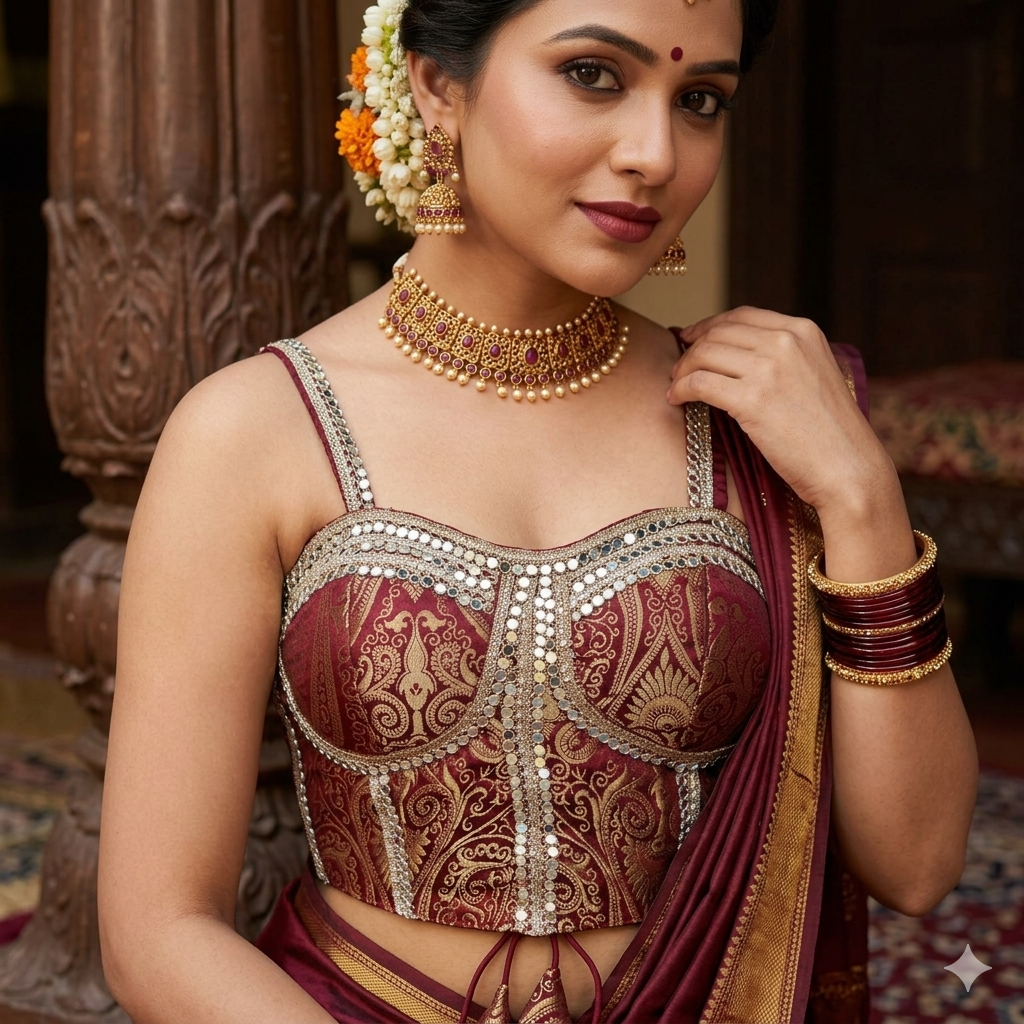 Maroon Pure Heavy Banarasi With Real Mirror Work Bridal Blouse