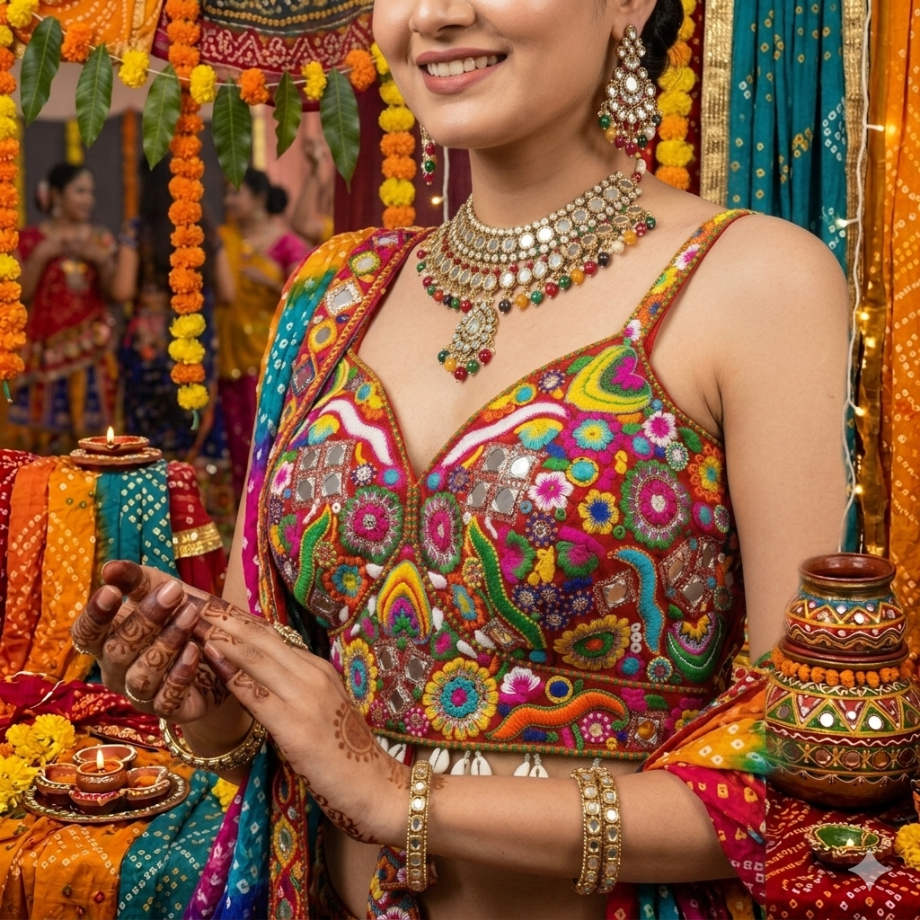 Rust Pure Heavy Italian Soft Silk Real Mirror Thread & Kaudi Work Navratri Blouse