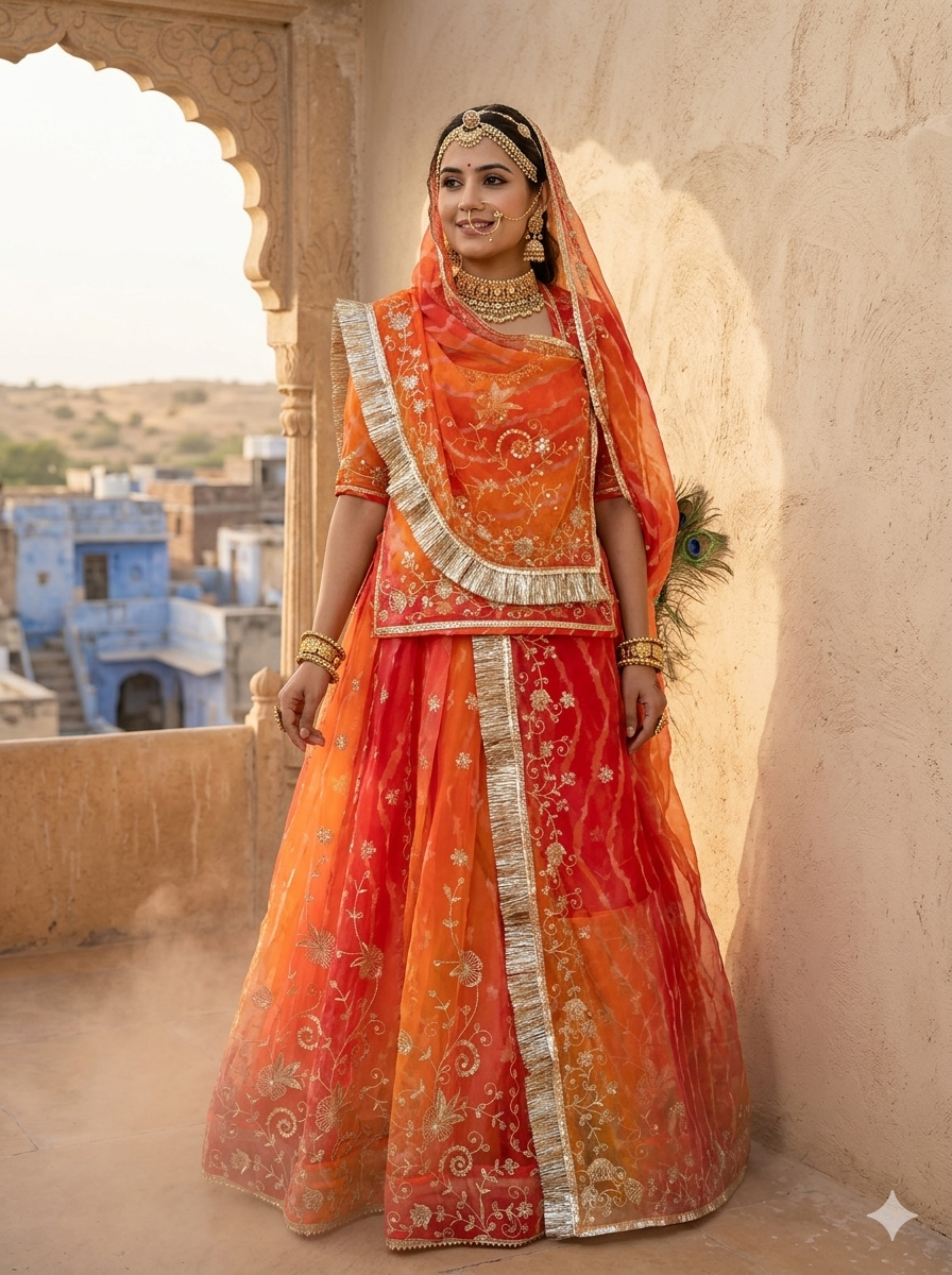Orange Pure Semi Georgette Gotta Patti Rajasthani Rajputi Lehenga Choli