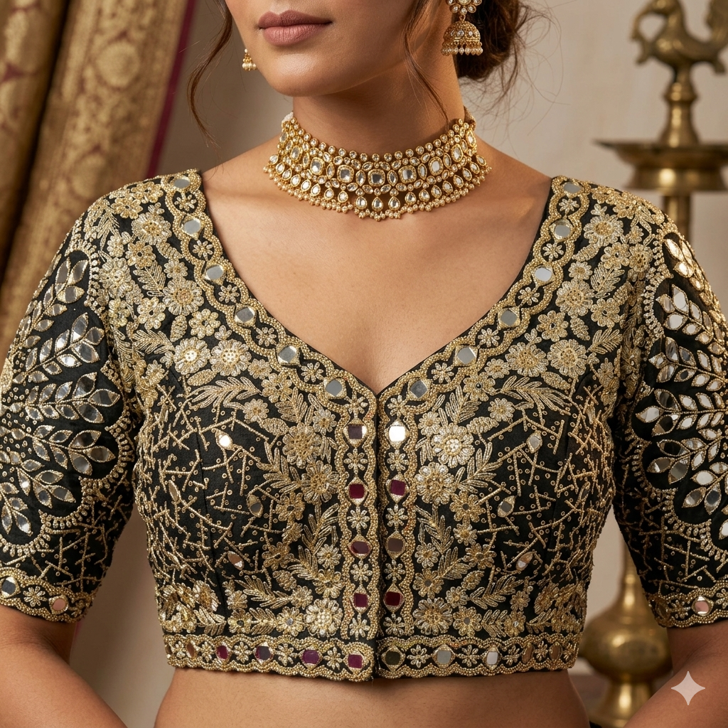 Black Pure Heavy Jari Sequence Peacock Real Mirror Work Bridal Blouse