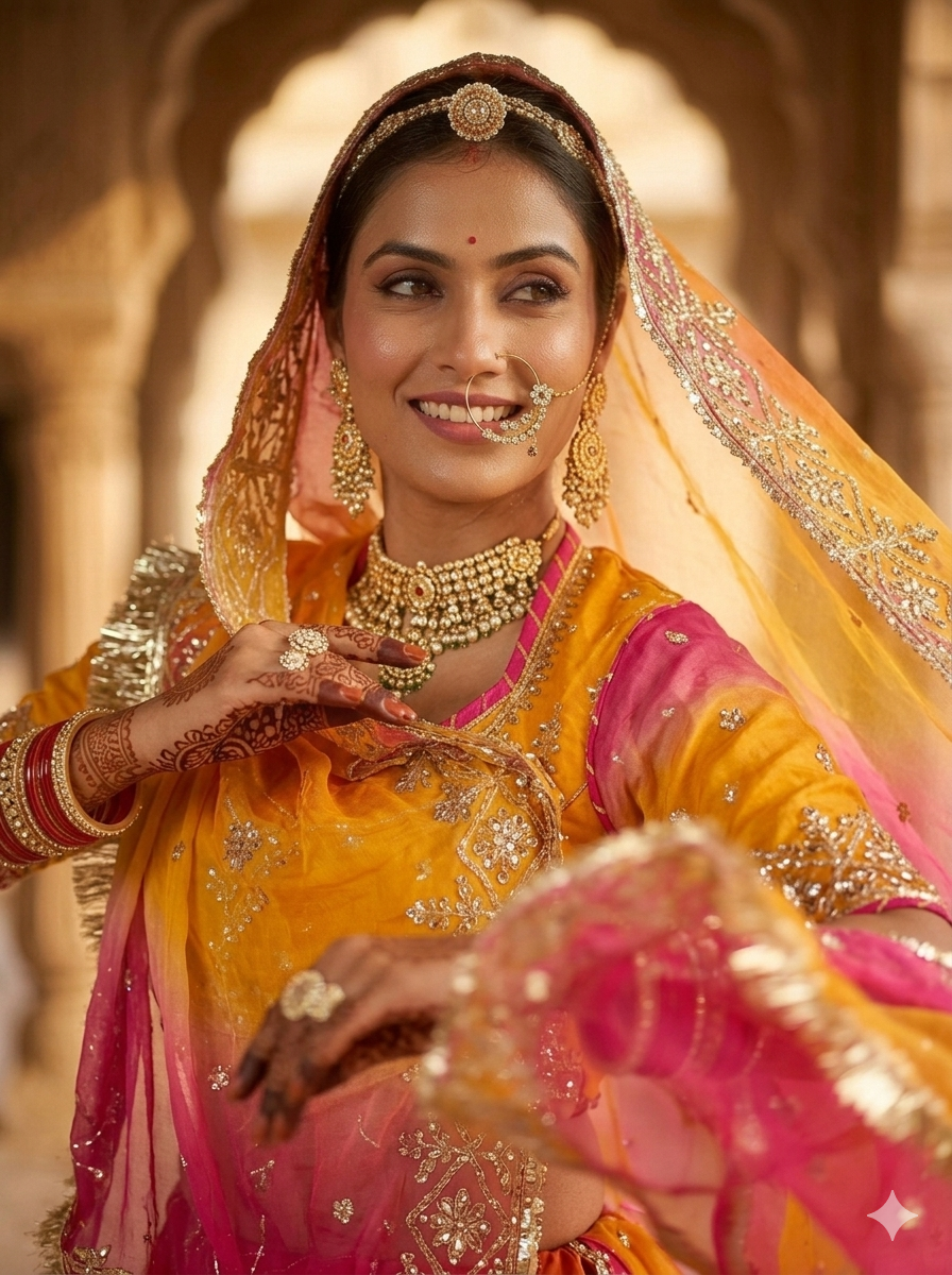 Yellow & Orange Pure Georgette Lahariya Print 16 Kali Flair With Gotta Patti Rajasthani Rajputi Lehenga Choli