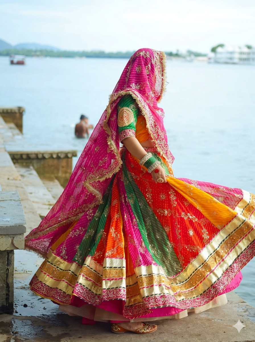 Multi Pure Georgette 08 Mtr Flair With Gotta Patti Rajasthani Rajputi Lehenga Choli