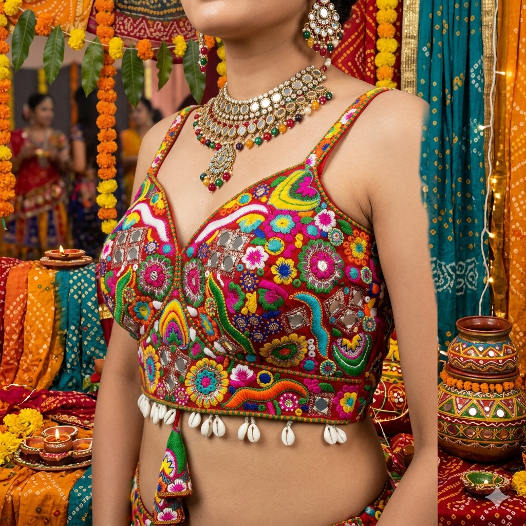 Rust Pure Heavy Italian Soft Silk Real Mirror Thread & Kaudi Work Navratri Blouse