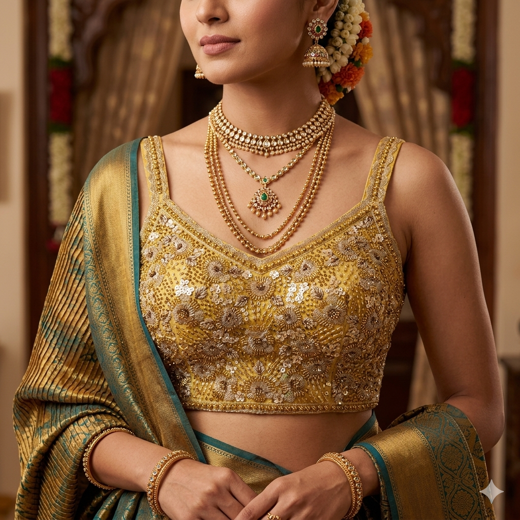 Gold Pure Soft Heavy Beads & Sequence Jari Work Navratri Blouse