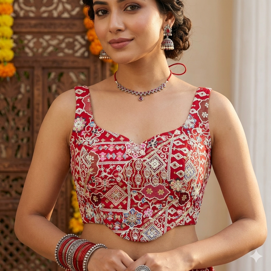 Red Pure Fox Georgette Antique Codding Sequins Wok Blouse