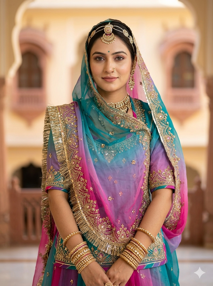 Purple Pure Georgette Lahariya Print 16 Kali Flair With Gotta Patti Rajasthani Rajputi Lehenga Choli