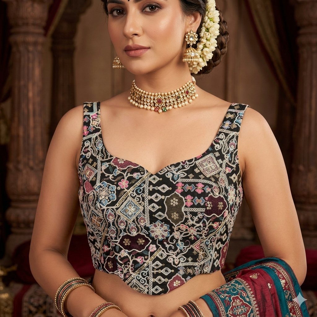 Black Pure Fox Georgette Antique Codding Sequins Wok Blouse