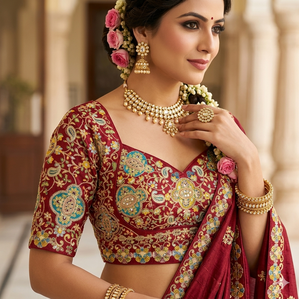 Maroon Pure Heavy Natural Crape Madhubala Style Bridal Blouse