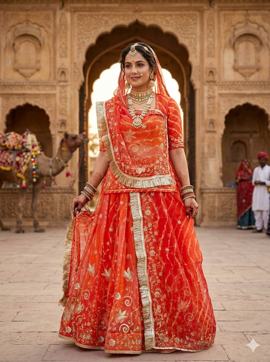 Orange Pure Semi Georgette Gotta Patti Rajasthani Rajputi Lehenga Choli