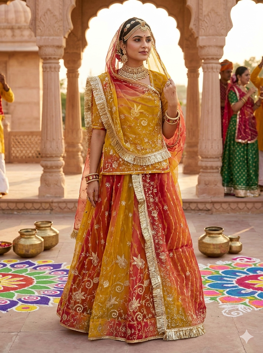 Yellow Pure Semi Georgette Gotta Patti Rajasthani Rajputi Lehenga Choli