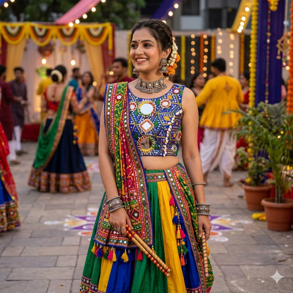Black Pure Soft Heavy Thread Sequin Kaudi & Hand Mirror Work Navratri Blouse