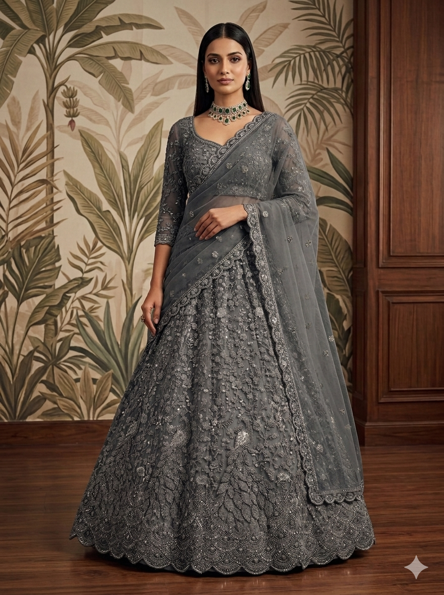 Grey Pure Heavy Net Monochrome Sequins Zari Embroidery Work Net Bridal Lehenga Choli