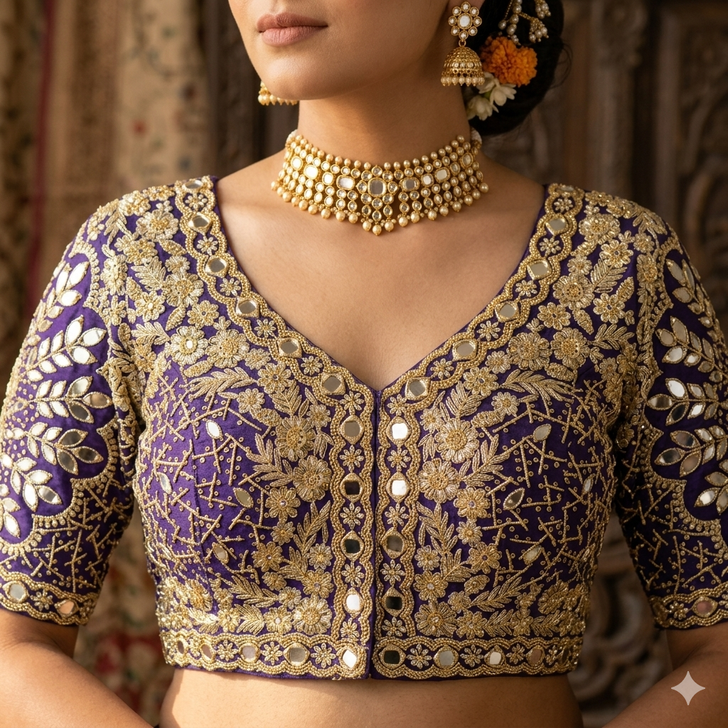 Blue Pure Heavy Jari Sequence Peacock Real Mirror Work Bridal Blouse