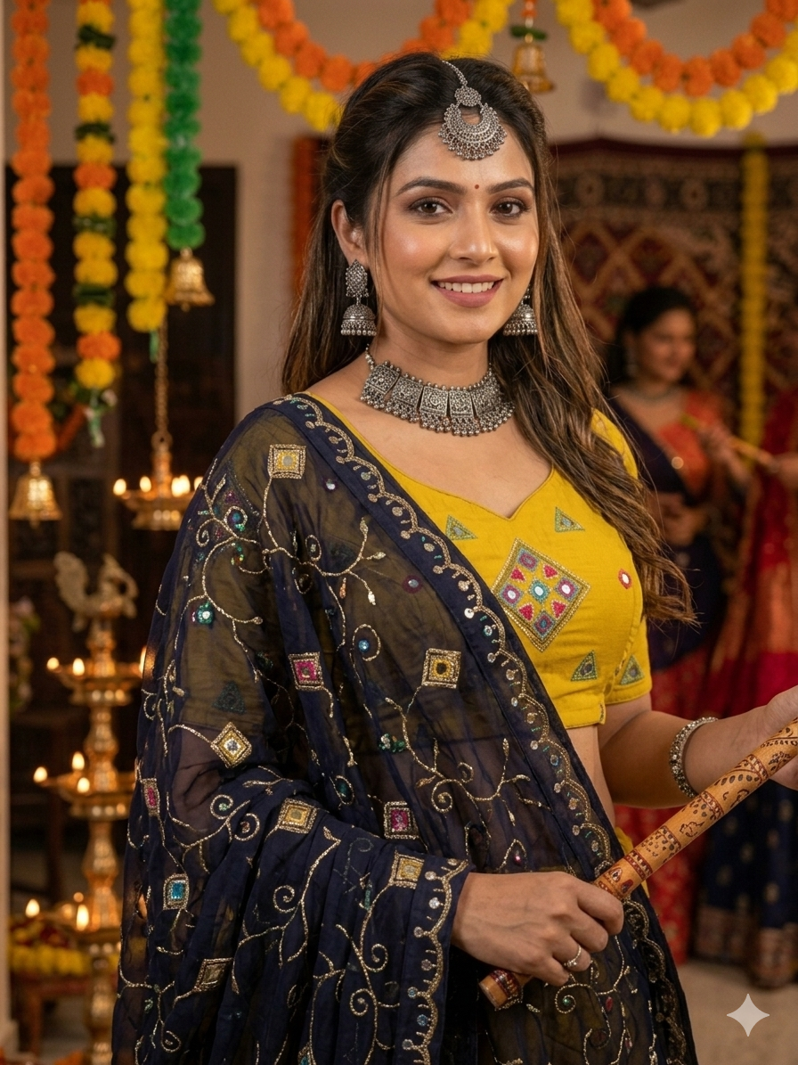 Yellow Pure Roman silk Embroidery sequin Work Navratri Lehenga Choli