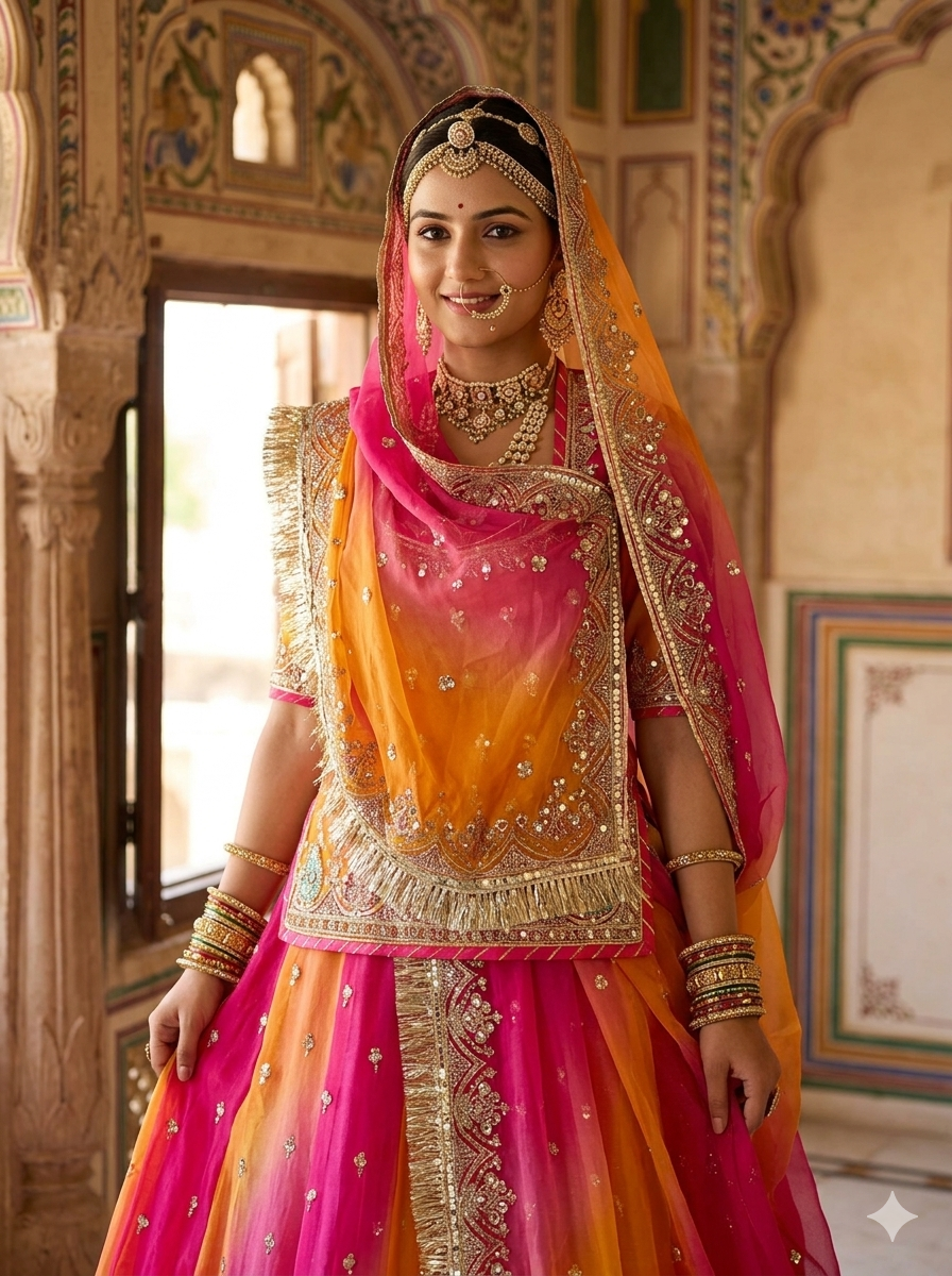 Pink & Orange Pure Georgette Lahariya Print 16 Kali Flair With Gotta Patti Rajasthani Rajputi Lehenga Choli