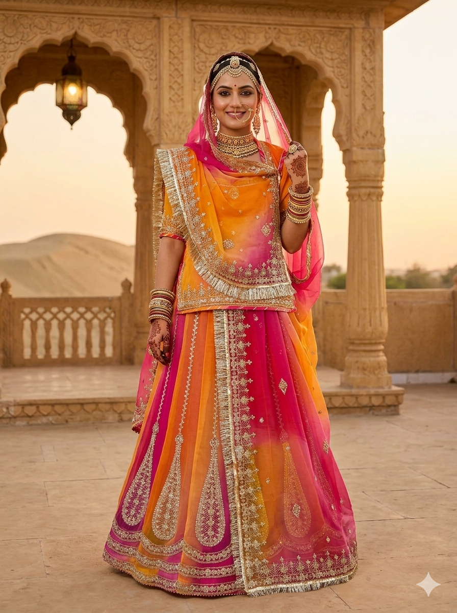 Orange Pure Semi Georgette Lahariya Print Gotta Patti Rajasthani Rajputi Lehenga Choli