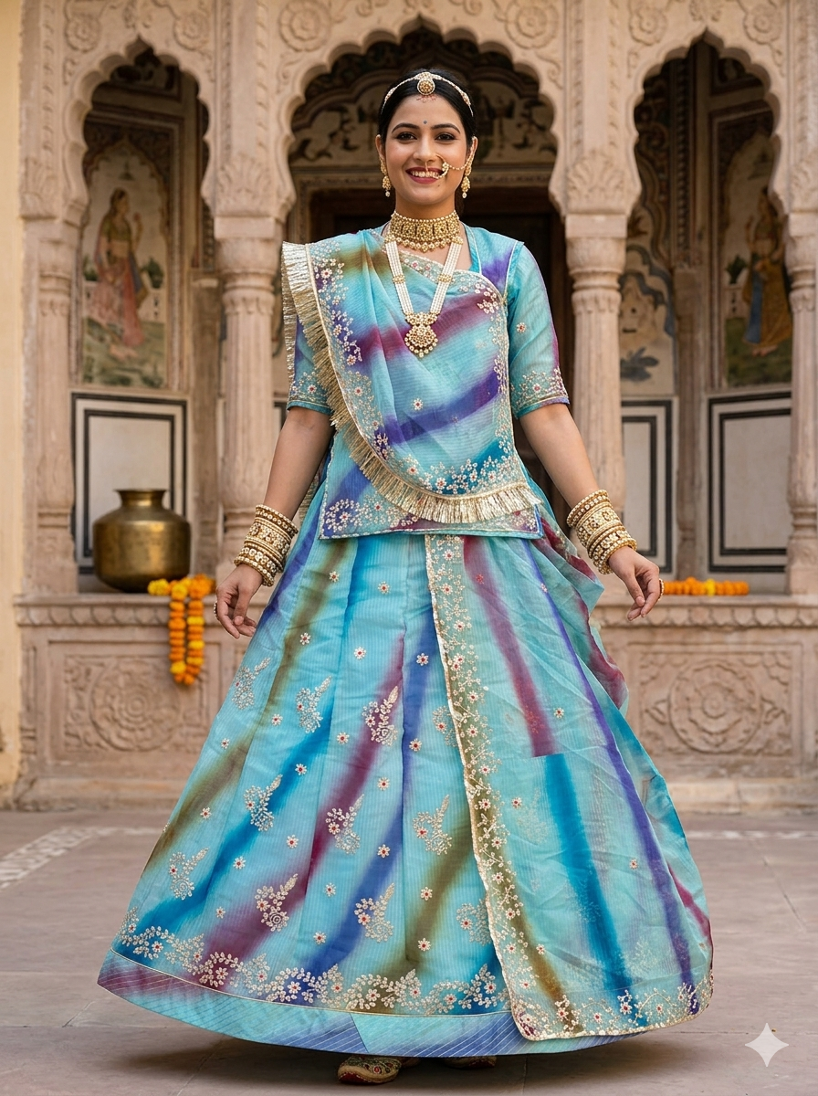 Sky Pure Soft Kota Doriya Gotta Patti Rajasthani Rajputi Lehenga Choli