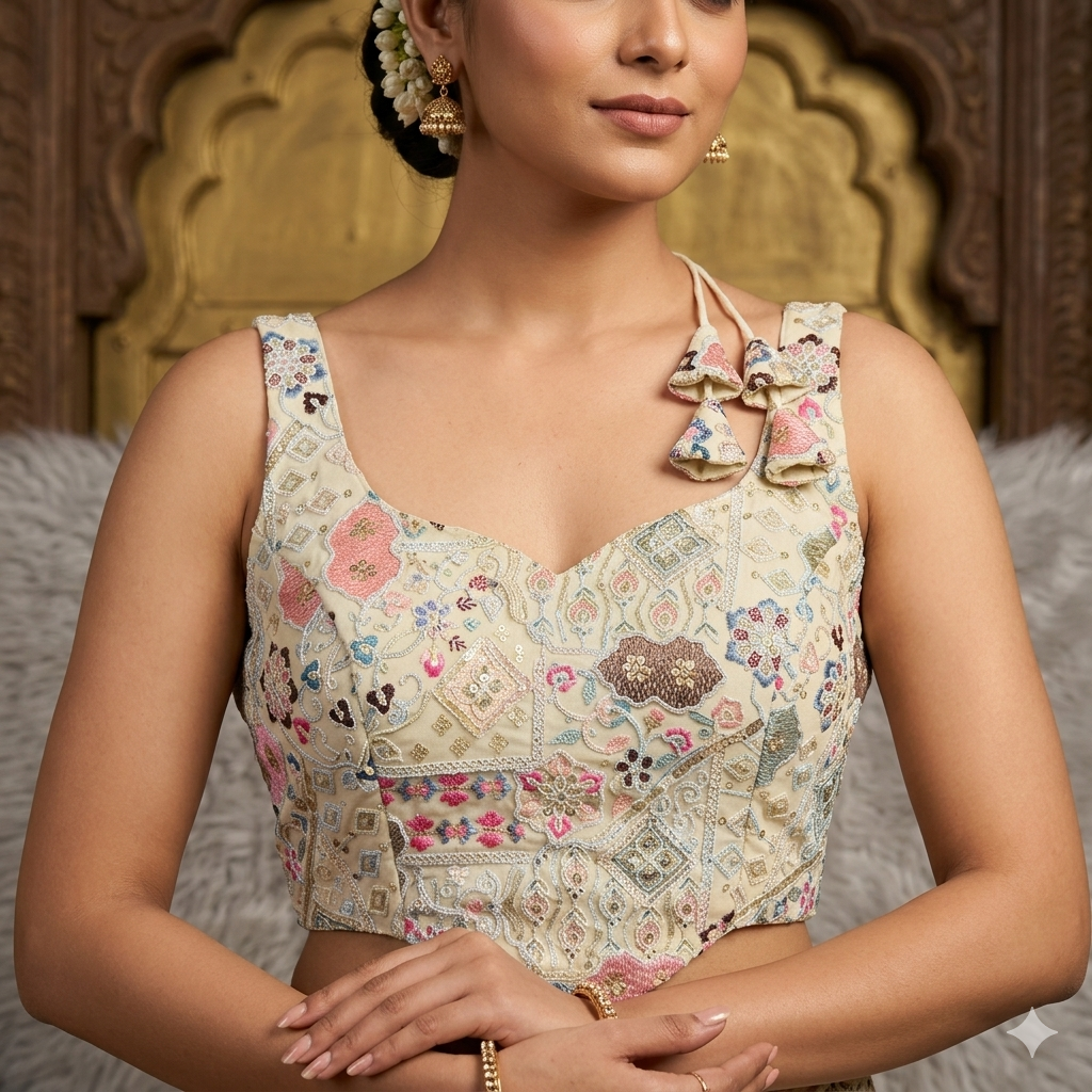 Cream Pure Fox Georgette Antique Codding Sequins Wok Blouse