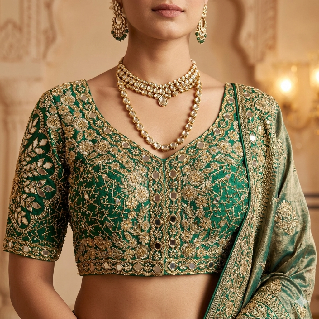 Green Pure Heavy Jari Sequence Peacock Real Mirror Work Bridal Blouse