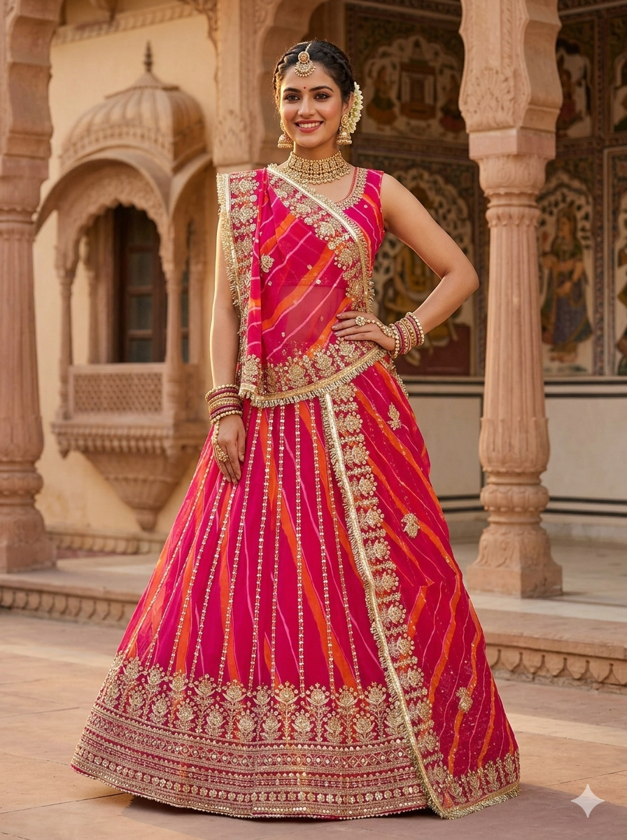 Orange Pure Semi Georgette Lahariya Print Gotta Patti Rajasthani Rajputi Lehenga Choli