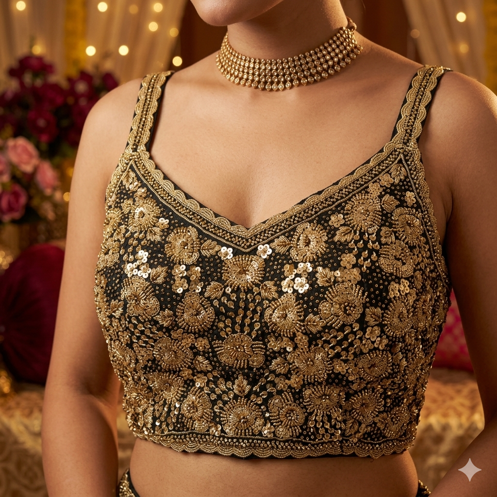 Black Pure Soft Heavy Beads & Sequence Jari Work Navratri Blouse