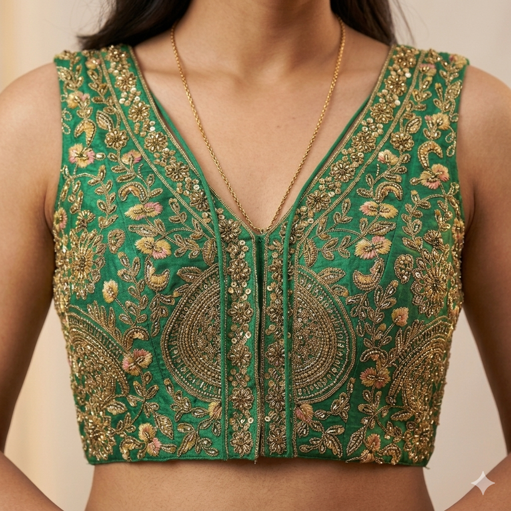 Green Pure Soft Italian Silk Heavy Codding Sequins Work Bridal Blouse