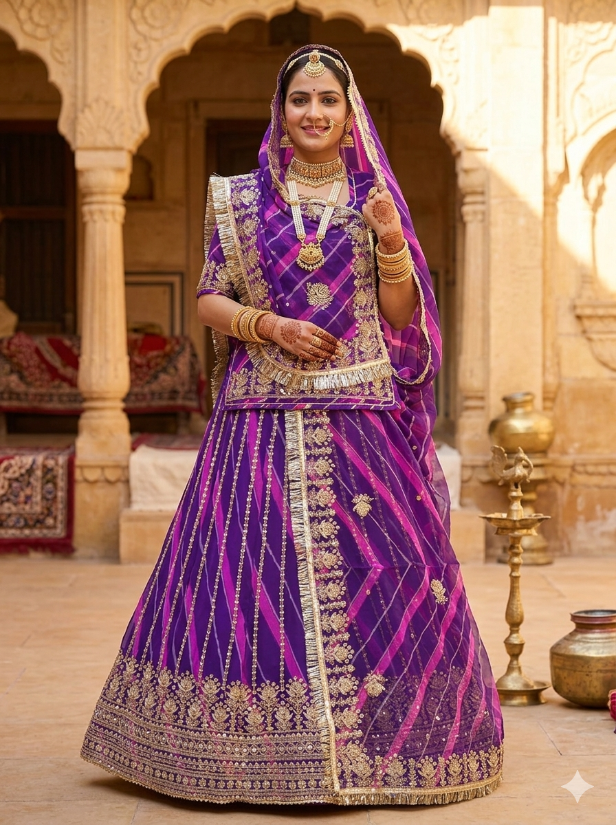 Purple Pure Semi Georgette Lahariya Print Gotta Patti Rajasthani Rajputi Lehenga Choli