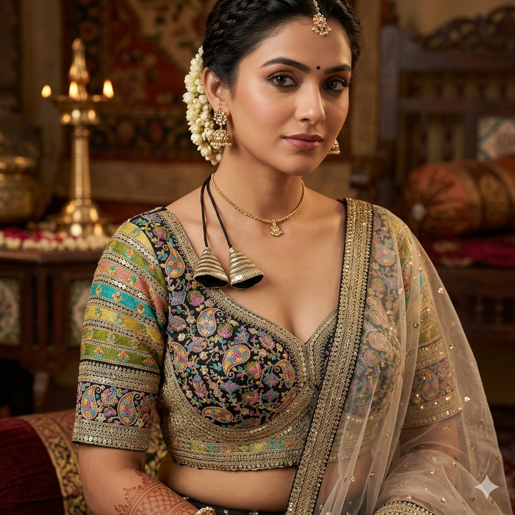 Black Pure Fox Georgette Kashmiri Work Sabyasachi Inspired Bridal Blouse