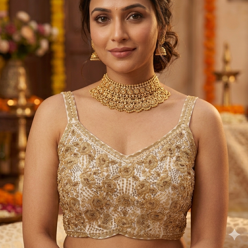 White Pure Soft Heavy Beads & Sequence Jari Work Navratri Blouse