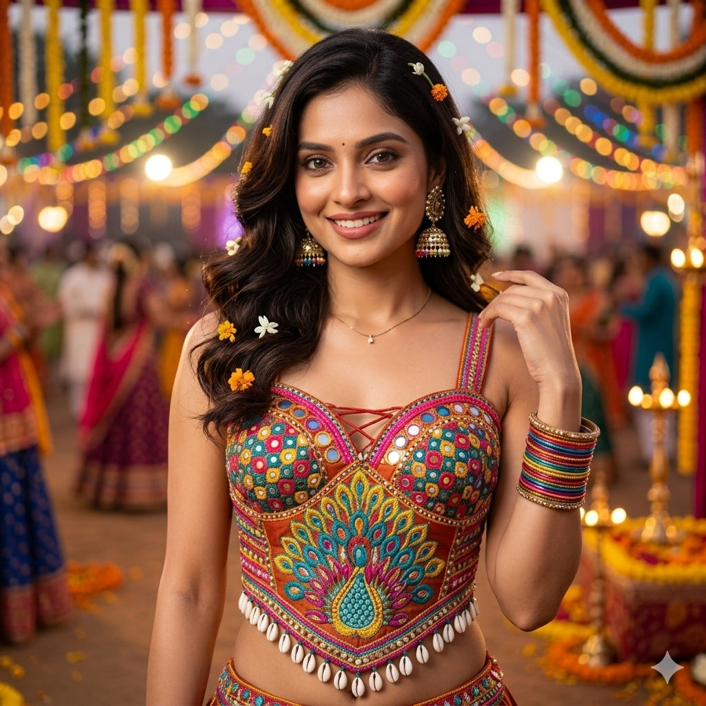 Rust Pure Heavy Italian Silk Heavy Thread Real Mirror Corset Style Navratri Blouse