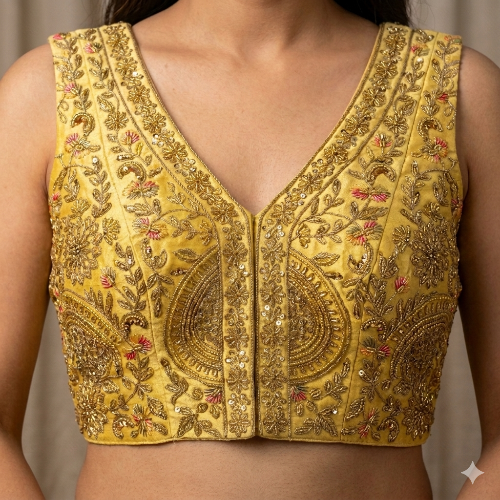 Gold Pure Soft Italian Silk Heavy Codding Sequins Work Bridal Blouse