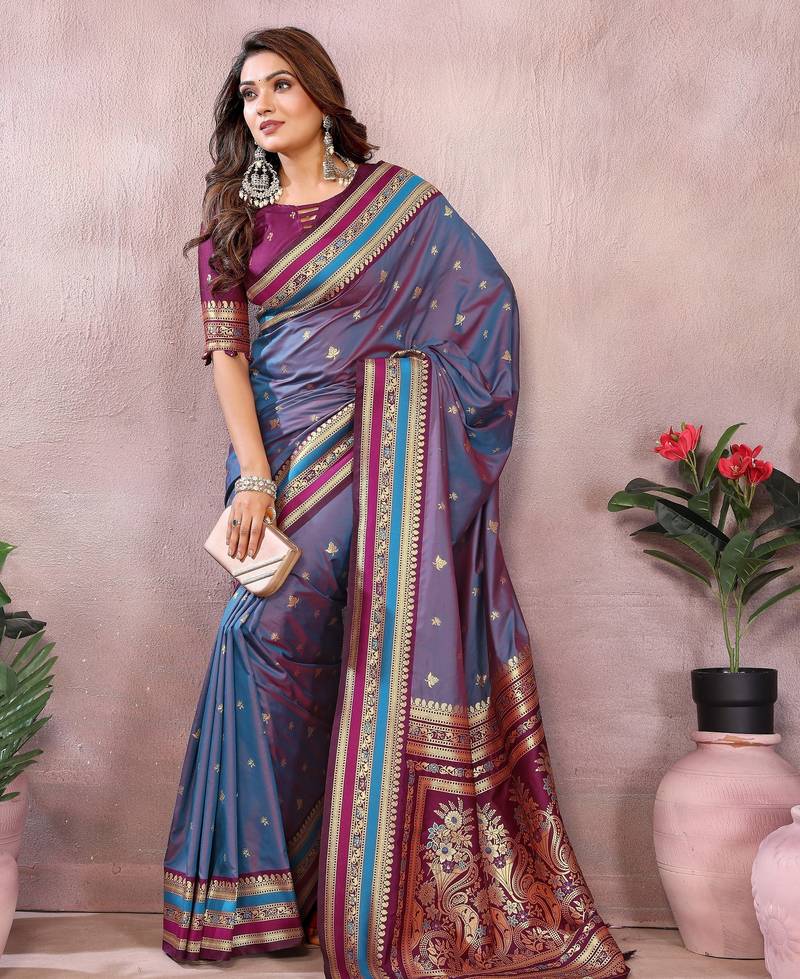 Dusty Blue Pure Handloom Kalamkari Silk Saree Kalamkari Saree Anant Tex Exports Pvt.Ltd..