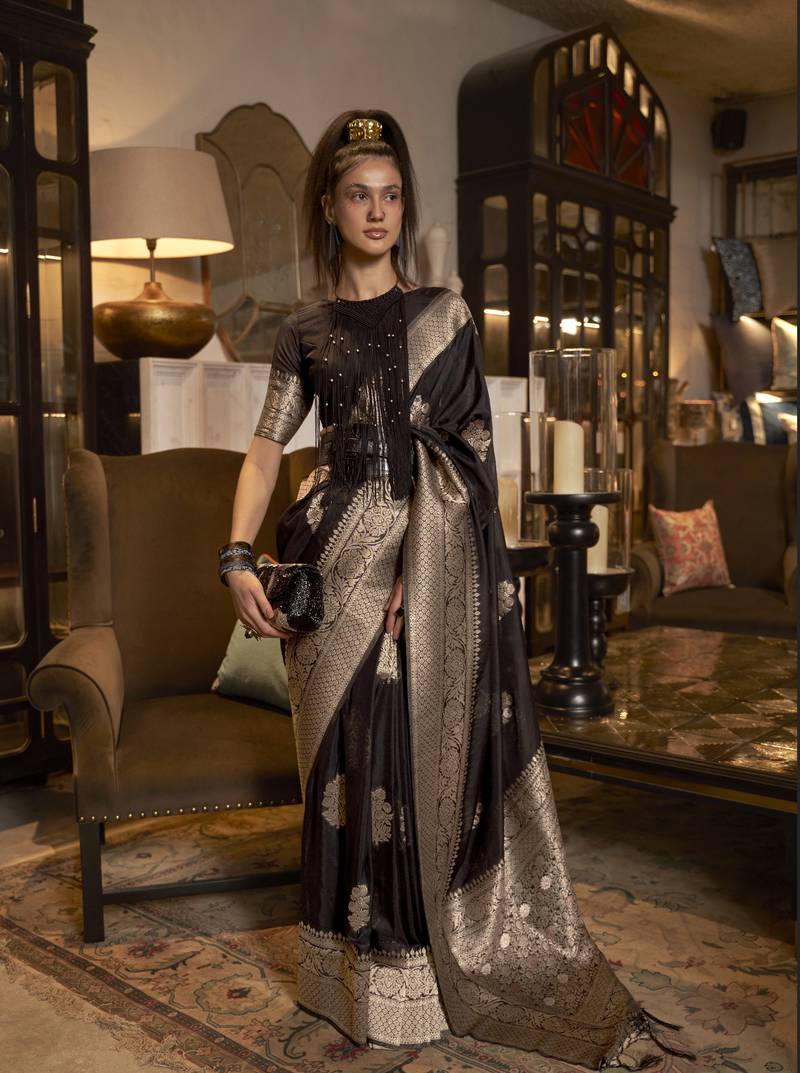 Royal Black Woven Pure Soft Georgette Silk Saree